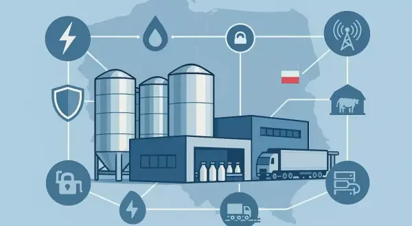 Ilustracja przedstawia nowoczesną infrastrukturę krytyczną w Polsce, obejmującą produkcję, logistykę i bezpieczeństwo.
