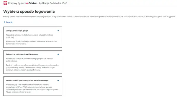 Wybór logowania do KSeF: login.gov.pl lub certyfikatem kwalifikowanym. Certyfikat ksef to klucz do elektronicznych pieczęci.