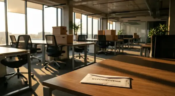 Puste biuro, kartony na biurkach i koperta z napisem "Wypowiedzenie" sugerują zwolnienia grupowe.