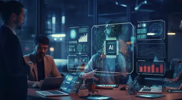 Inżynierowie analizują dane AI na futurystycznych ekranach.