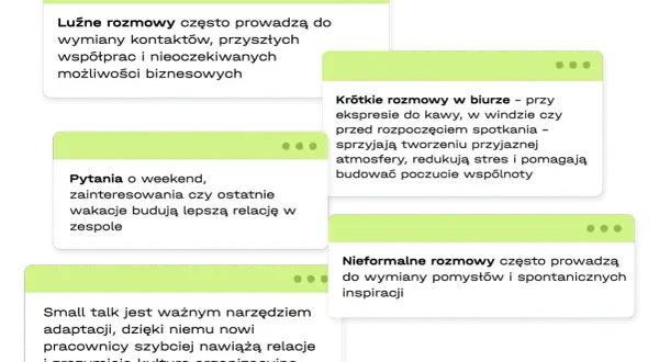 Small talk buduje relacje, ułatwia adaptację i inspiruje. Luźne rozmowy przy kawie czy weekendowe pytania tworzą przyjazną atmosferę i nowe możliwości.