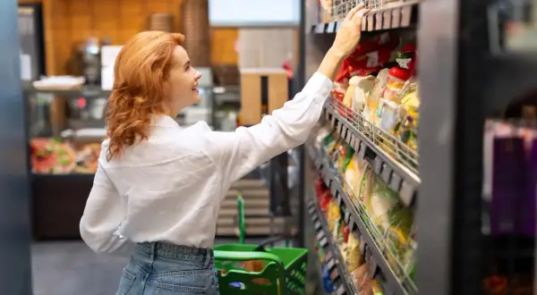 Kobieta z rudymi włosami wybiera produkty FMCG (towary szybko zbywalne) w supermarkecie.