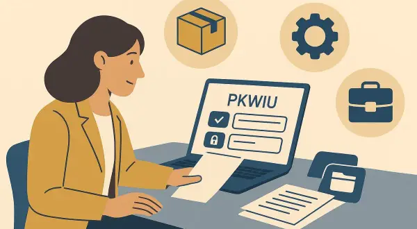 Kobieta przy laptopie z napisem PKWIU. Obok ikony paczki, biegu i teczki. Może wprowadza numer NIP.