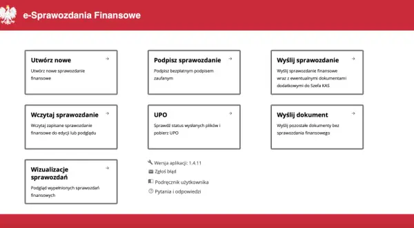 Panel e-Sprawozdania Finansowe: Utwórz, wczytaj, podpisz sprawozdanie finansowe, wyślij dokumenty.