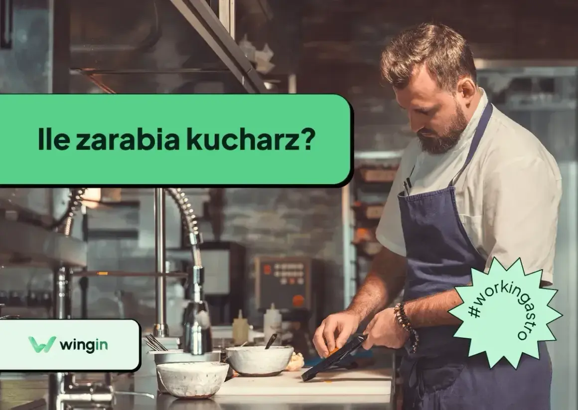 Kucharz w fartuchu przygotowuje jedzenie w kuchni. Na ekranie pytanie: "Ile zarabia kucharz?".