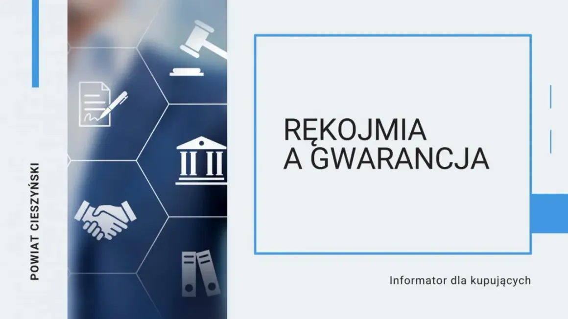 Rękojmia a gwarancja – informator dla kupujących. Grafika przedstawia ikony związane z prawem i umowami.