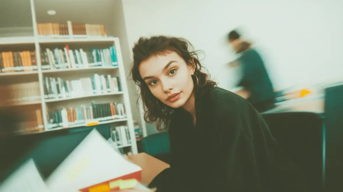 Młoda kobieta w okularach, otoczona książkami, studiuje w bibliotece. Ibiden, nauka i wiedza.