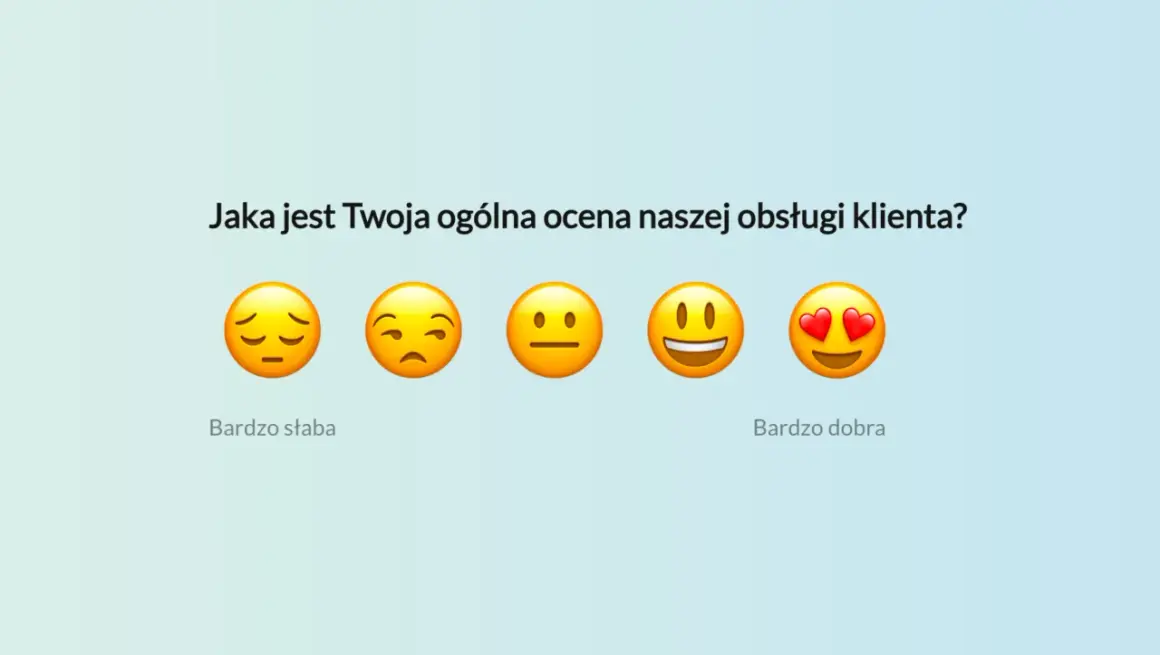 Pięć emotikonów od smutnej do zakochanej, ilustrujących ocenę obsługi klienta. Użytkownik wybiera, wypełniając ankietę.