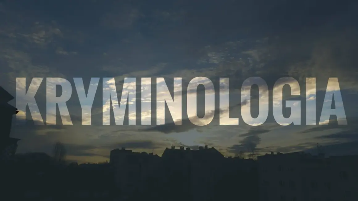 Napis KRYMINOLOGIA na tle zachodzącego słońca nad miastem.