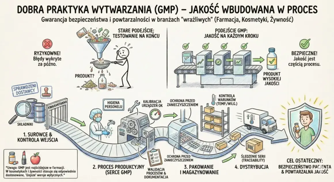 Schemat ilustruje proces GMP, gdzie jakość jest budowana na każdym etapie, od surowców po dystrybucję, zapewniając bezpieczeństwo i powtarzalność.