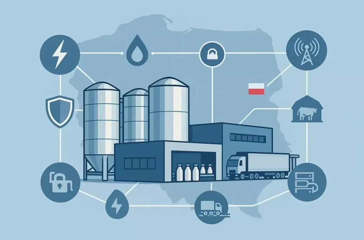 Ilustracja przedstawia nowoczesną infrastrukturę krytyczną w Polsce, obejmującą produkcję, logistykę i bezpieczeństwo.