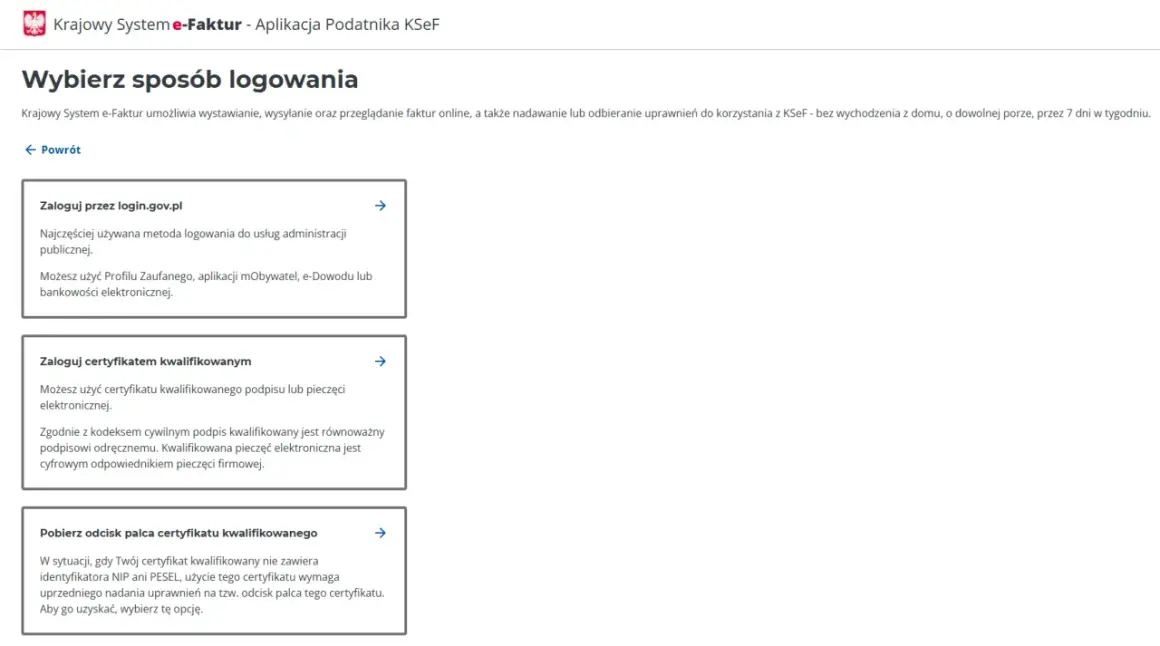 Wybór logowania do KSeF: login.gov.pl lub certyfikatem kwalifikowanym. Certyfikat ksef to klucz do elektronicznych pieczęci.