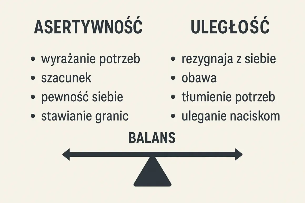 Asertywność to wyrażanie potrzeb, szacunek, pewność siebie i stawianie granic. Uległość to rezygnacja z siebie, obawa, tłumienie potrzeb i uleganie naciskom.