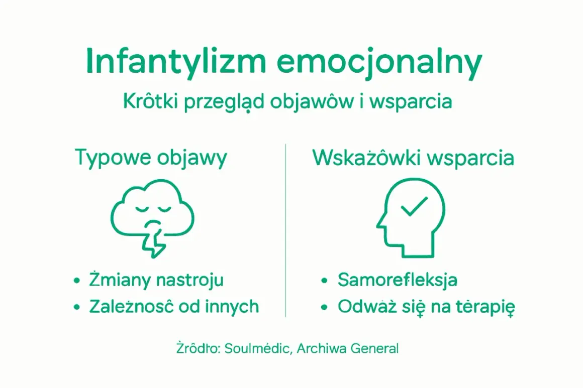 Infantylizm emocjonalny: objawy (chmura ze smutną buźką, zmiany nastroju, zależność) i wsparcie (głowa z zaznaczeniem, samorefleksja, terapia).