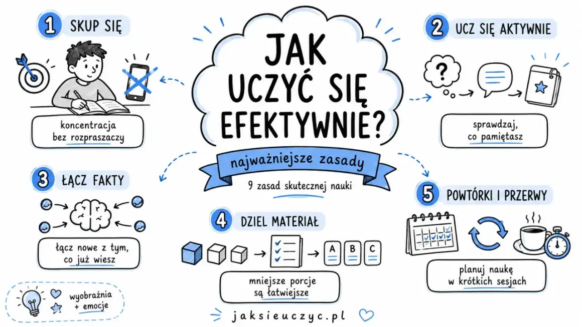 Grafika przedstawia zasady efektywnej nauki: skupienie, aktywne uczenie, łączenie faktów, dzielenie materiału i powtórki. Skala trudności nauki maleje, gdy stosujemy te metody.