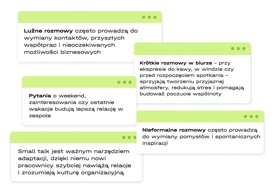 Small talk buduje relacje, ułatwia adaptację i inspiruje. Luźne rozmowy przy kawie czy weekendowe pytania tworzą przyjazną atmosferę i nowe możliwości.