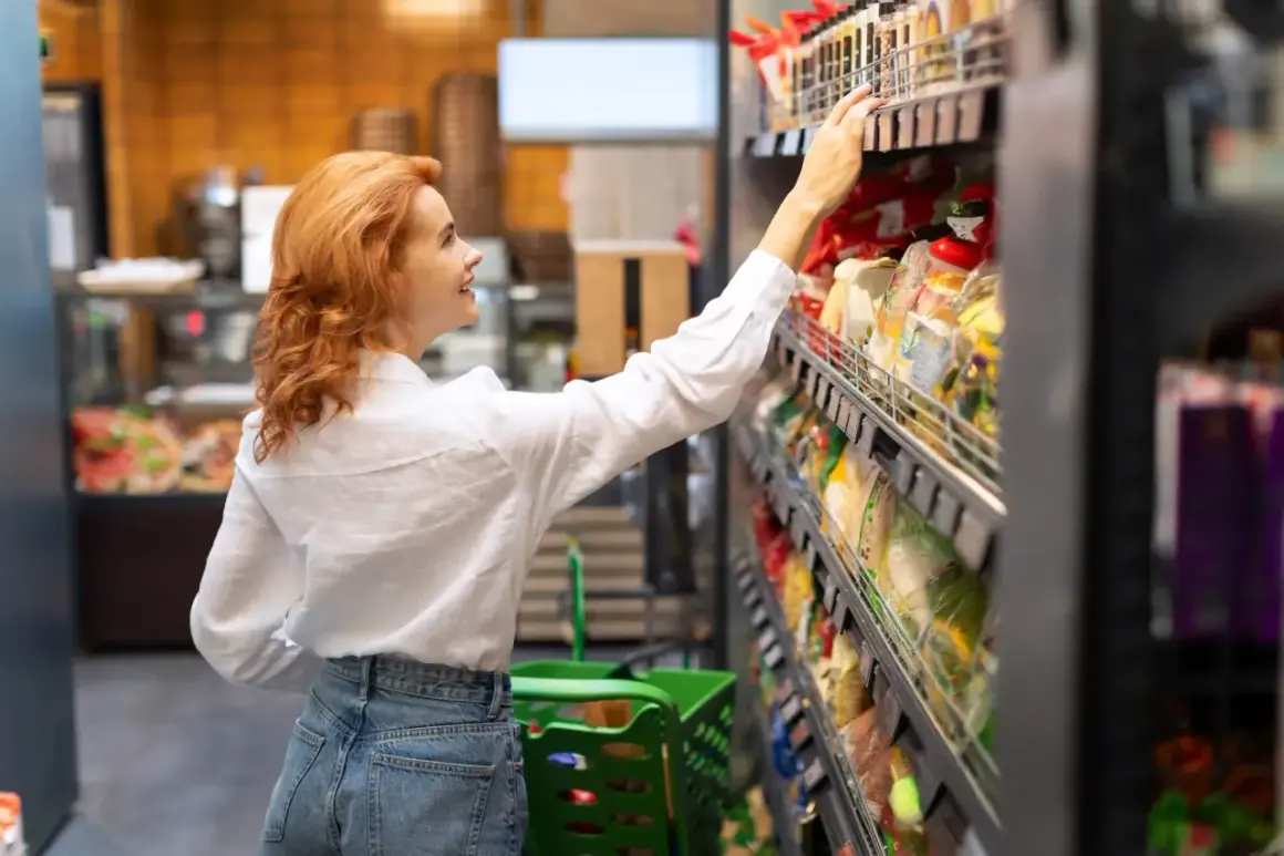 Kobieta z rudymi włosami wybiera produkty FMCG (towary szybko zbywalne) w supermarkecie.