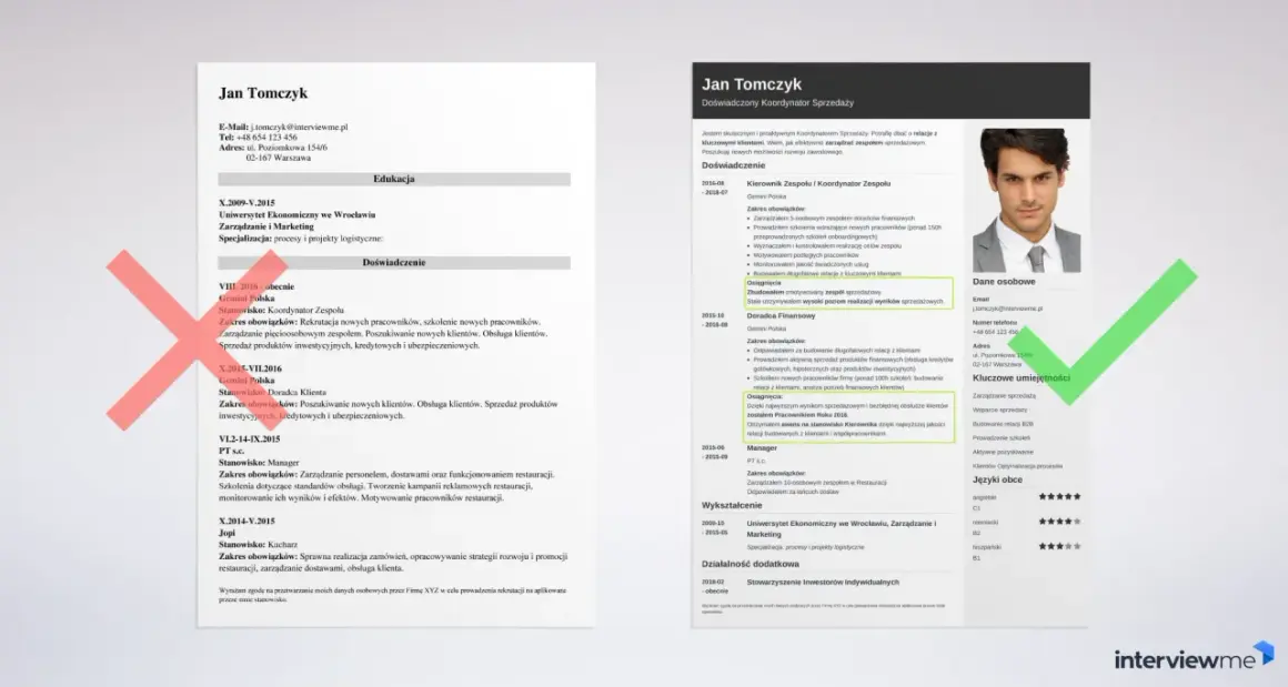 CV Jana Tomczyka, doświadczonego koordynatora sprzedaży, pokazuje, jak napisać CV z sukcesami.