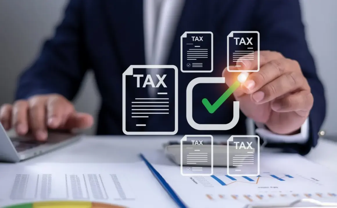 Dłoń zaznacza zielonym znacznikiem dokumenty z napisem "TAX" na tle wykresów i laptopa.