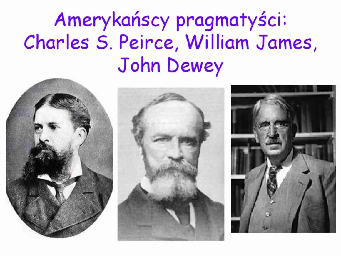 Trzech amerykańskich pragmatyków: Peirce, James i Dewey. Ich filozofia opiera się na praktycznych konsekwencjach idei.