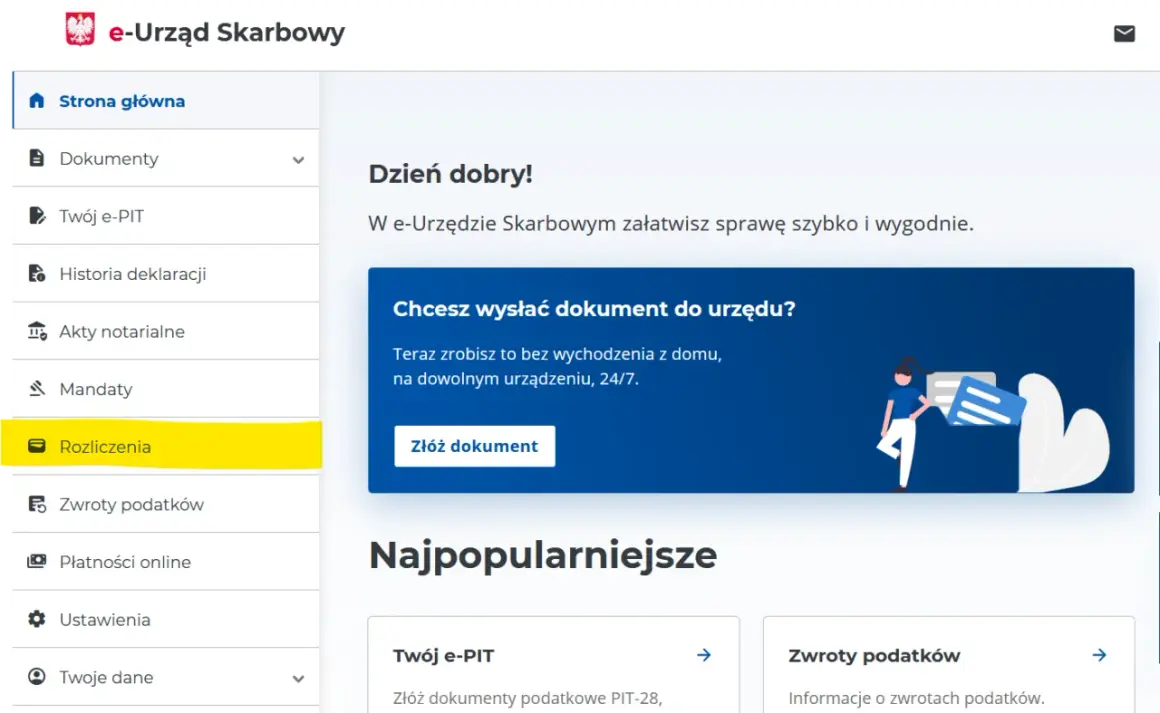 Menu e-Urzędu Skarbowego z podświetloną opcją "Rozliczenia". Możesz tu załatwić sprawy związane z fiscus.