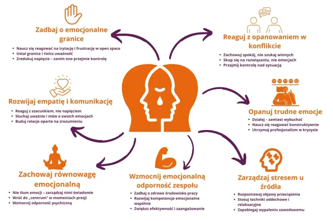 Grafika przedstawia schemat zarządzania emocjami, od granic po radzenie sobie z konfliktem, z naciskiem na stoicyzm.
