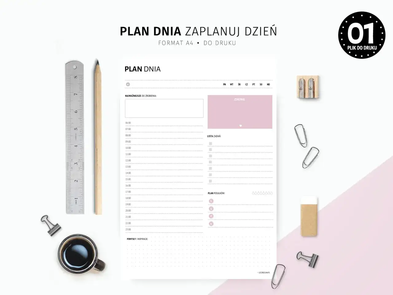 Plan dnia z miejscem na zadania, godziny i posiłki. Pomaga zorganizować dzień i dotrzymać deadline.