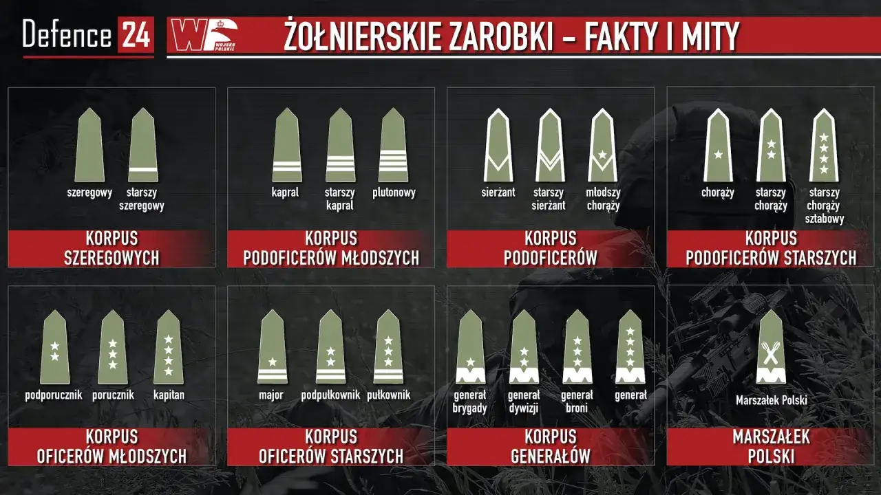 Grafika przedstawia stopnie wojskowe i ich nazwy, ilustrując zarobki w wojsku. Od szeregowego do Marszałka Polski.