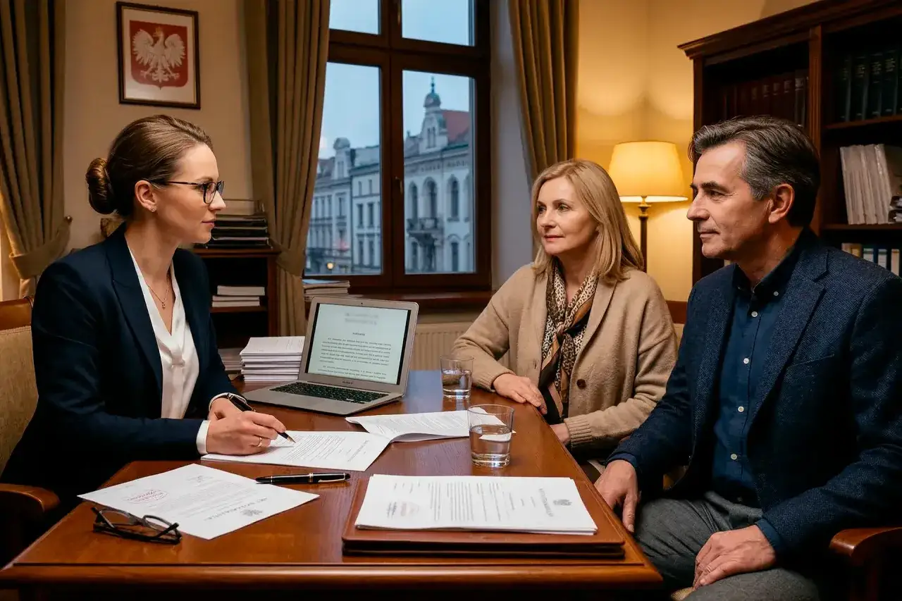 Prawniczka wyjaśnia parze, czym jest intercyza, podczas spotkania w gabinecie.