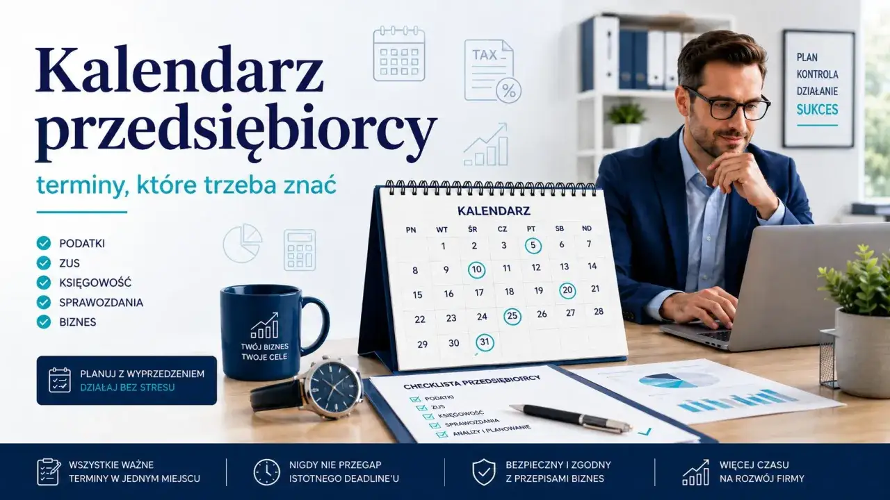 Biznesmen z laptopem przy biurku, obok kalendarz z zaznaczonymi terminami, checklistą i kubkiem. Fiscus to klucz do sukcesu.