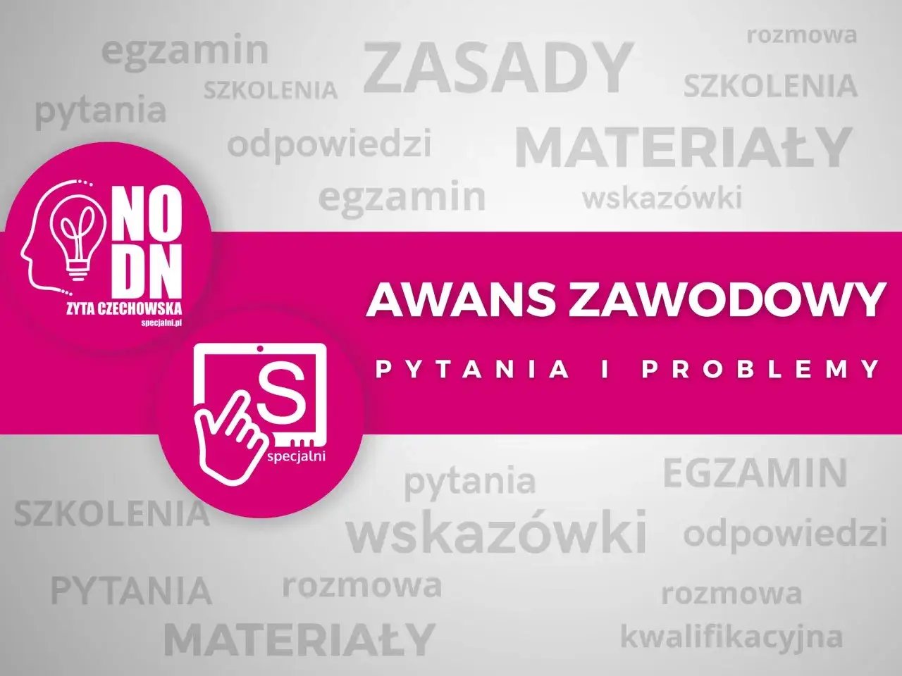 Grafika promuje awans zawodowy, podkreślając merytokrację poprzez hasła: egzamin, szkolenia, pytania, odpowiedzi, materiały, zasady.