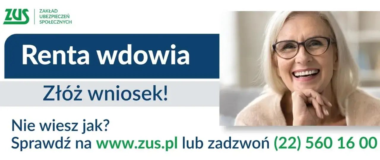 Uśmiechnięta starsza pani z okularami. ZUS informuje o rencie wdowiej i zachęca do złożenia wniosku. Sprawdź na www.zus.pl lub zadzwoń.
