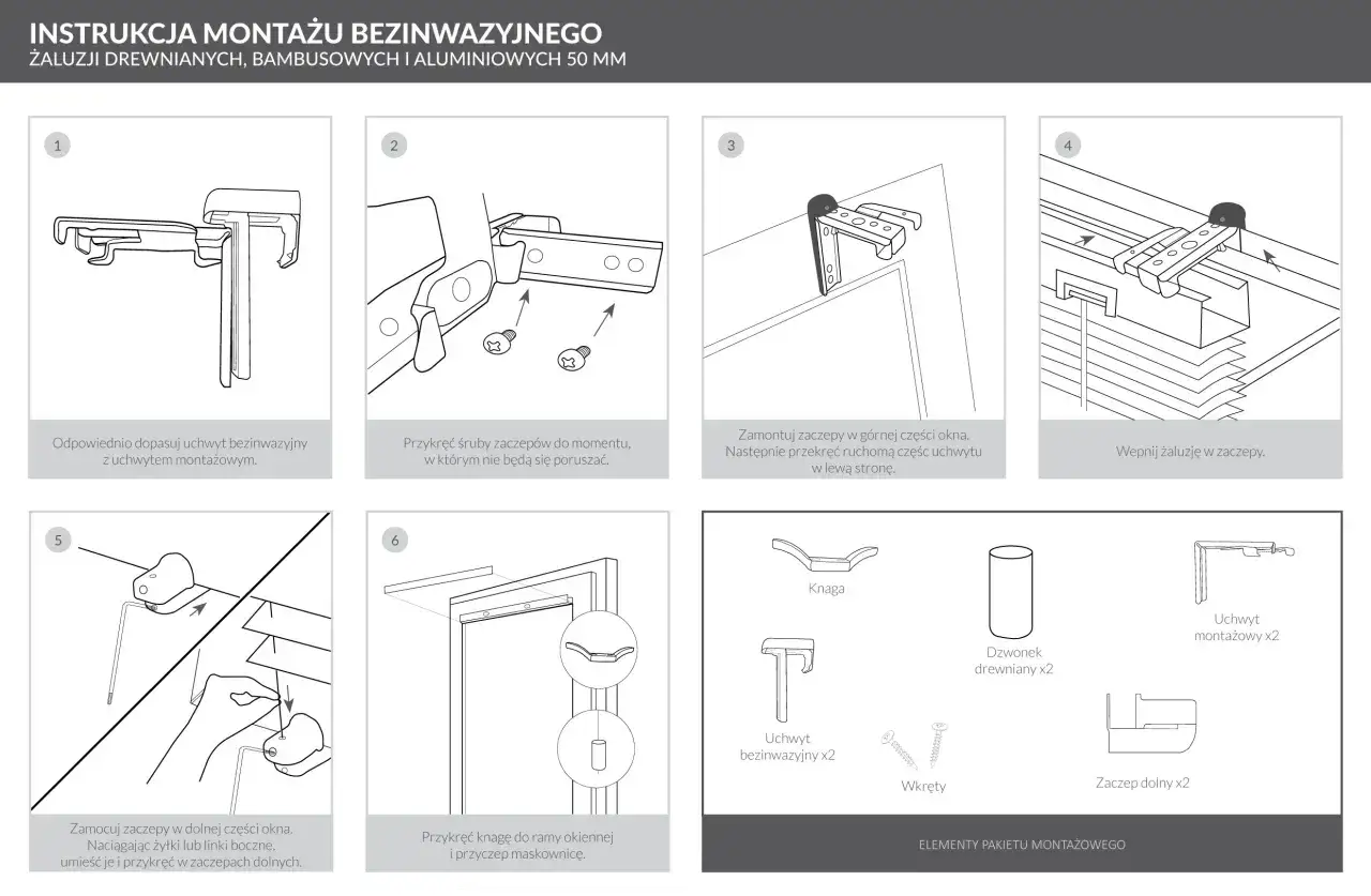 Instrukcja montażu żaluzji bezinwazyjnych. Ilustracje pokazują kolejne etapy montażu, od dopasowania uchwytów po wpięcie żaluzji.