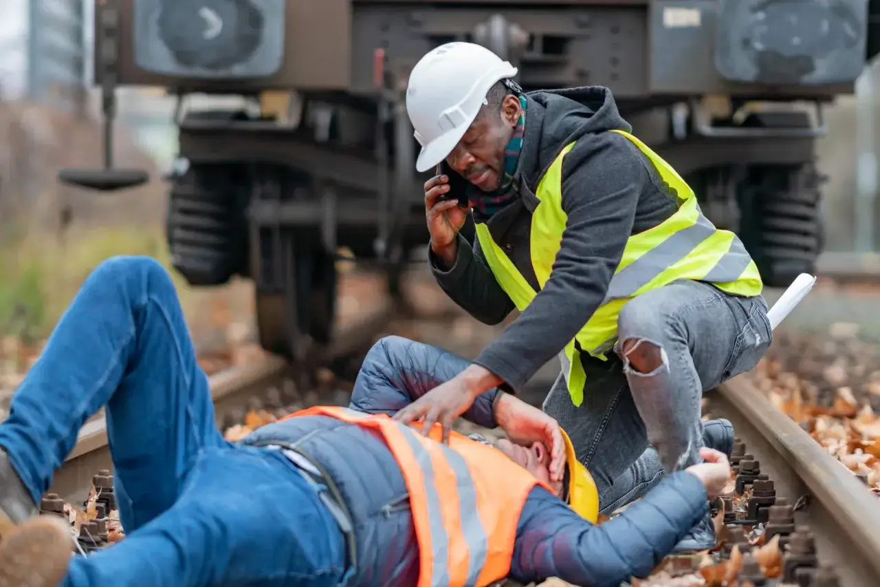 Mężczyzna w kamizelce odblaskowej i kasku wzywa pomoc przez telefon, klęcząc obok leżącego na torach kolegi. To wypadek przy pracy.