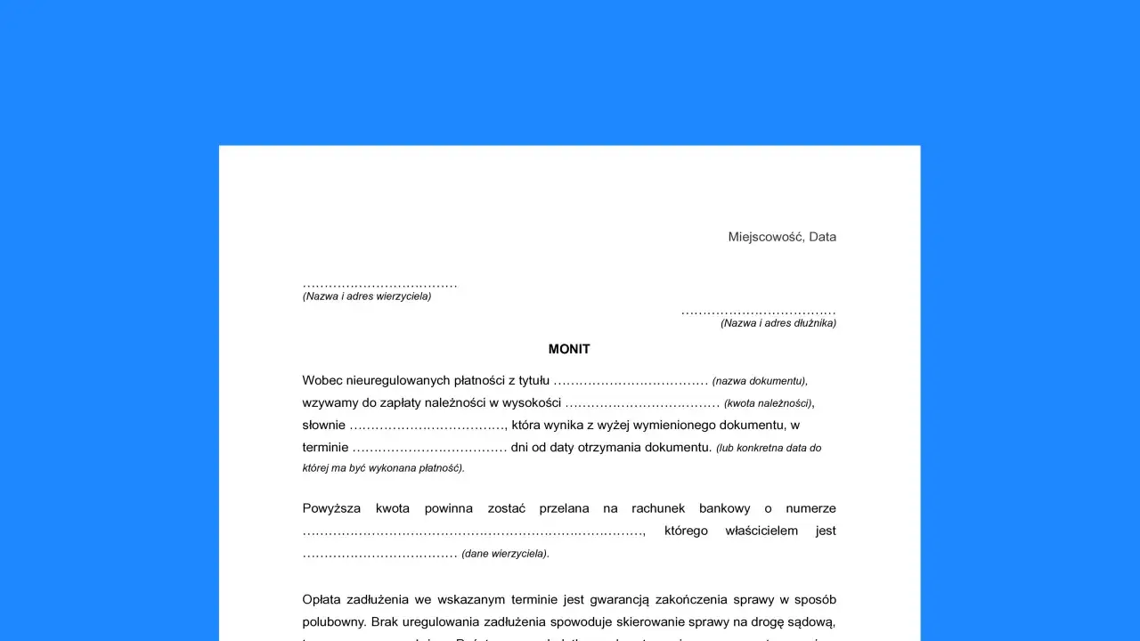 Wezwanie do zapłaty od wierzyciela. Dokument zawiera dane dłużnika i wierzyciela, kwotę należności oraz termin płatności.
