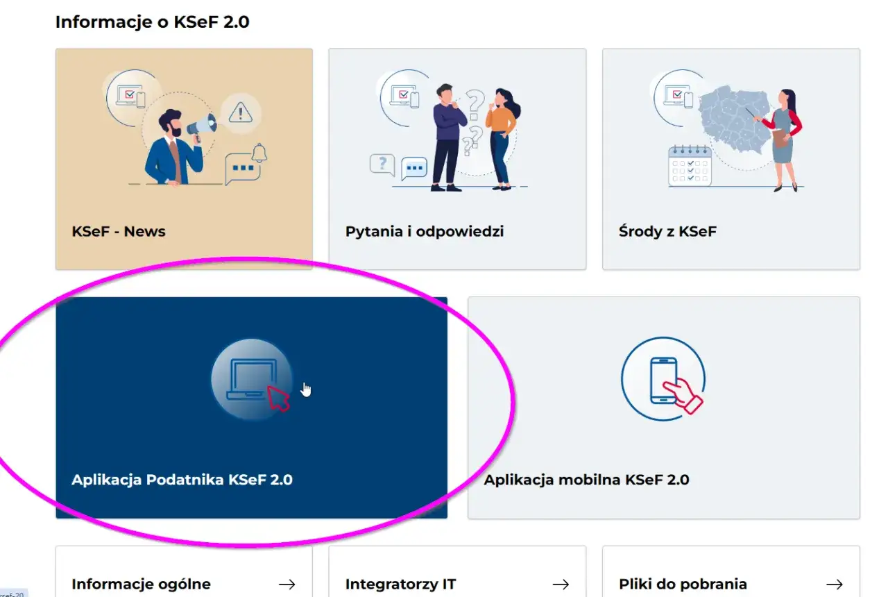 Aplikacja Podatnika KSeF 2.0 z ikoną komputera i kursorem. To miejsce, gdzie uzyskasz certyfikat KSeF.