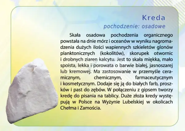 Biała, porowata skała, czyli kreda, powstała z wapiennych szczątków organizmów morskich. Jest miękka i lekka, używana w przemyśle ceramicznym, chemicznym i kosmetycznym.