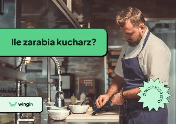Kucharz w fartuchu przygotowuje jedzenie w kuchni. Na ekranie pytanie: "Ile zarabia kucharz?".