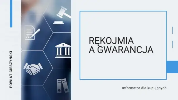 Rękojmia a gwarancja – informator dla kupujących. Grafika przedstawia ikony związane z prawem i umowami.