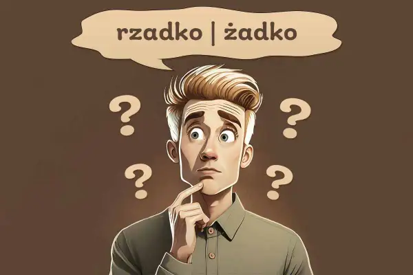 Zastanawiający się mężczyzna otoczony znakami zapytania, myślący, czy coś dzieje się rzadko, czy żadko.