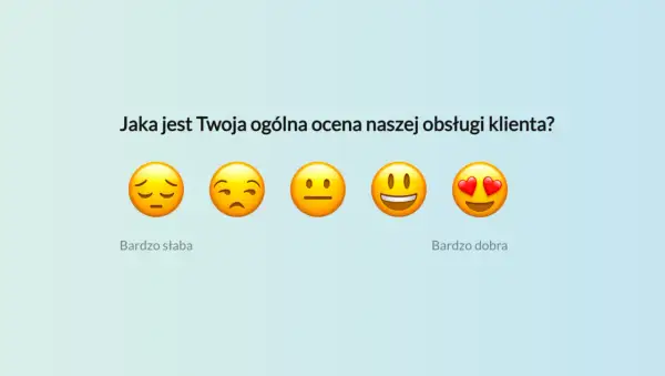 Pięć emotikonów od smutnej do zakochanej, ilustrujących ocenę obsługi klienta. Użytkownik wybiera, wypełniając ankietę.