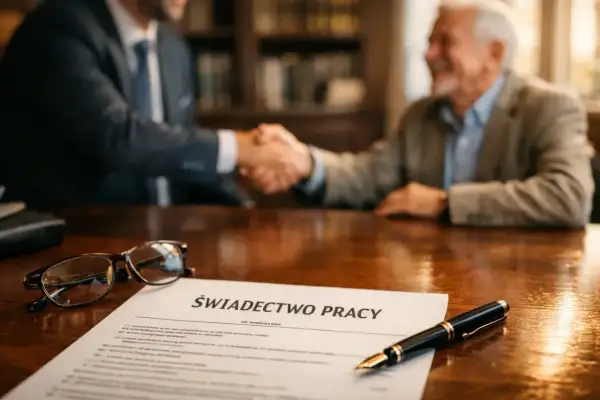 Uścisk dłoni po formalnościach, świadectwo pracy leży na stole. To symboliczny moment odprawy emerytalnej.