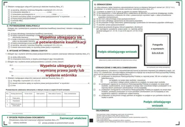 Formularz wniosku o wydanie prawa jazdy lub jego wtórnika. Wypełnia go osoba ubiegająca się o **nowelizację** dokumentu.