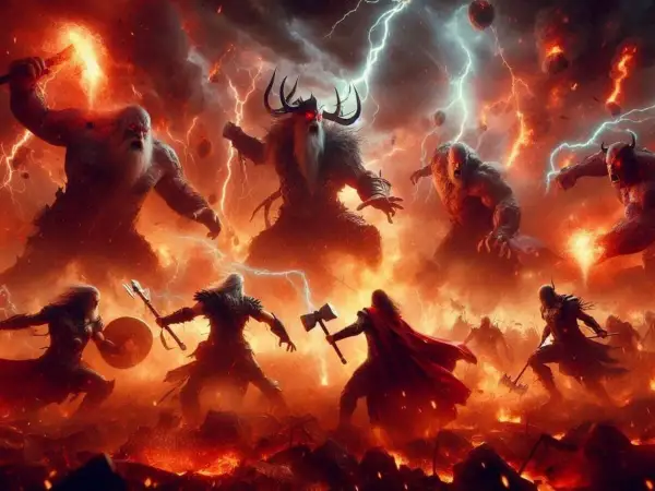 Wojownicy walczą w ogniu i błyskawicach, przygotowując się do ostatecznej bitwy, która zapowiada Ragnarok.