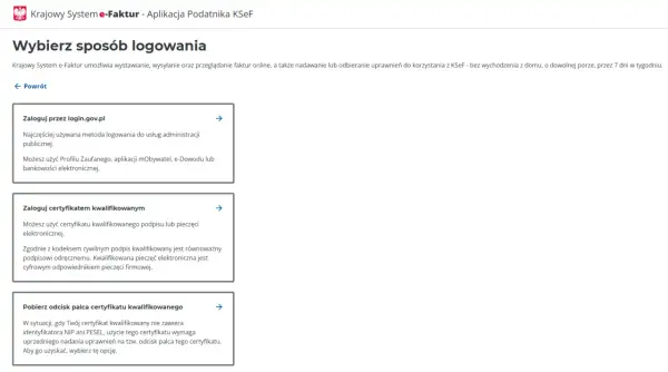 Wybór logowania do KSeF: login.gov.pl lub certyfikatem kwalifikowanym. Certyfikat ksef to klucz do elektronicznych pieczęci.