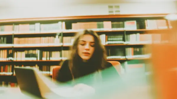 Młoda kobieta pochylona nad laptopem w bibliotece, otoczona regałami pełnymi książek. Tworzy swoją bibliografię.
