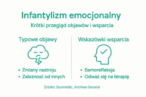 Infantylizm emocjonalny: objawy (chmura ze smutną buźką, zmiany nastroju, zależność) i wsparcie (głowa z zaznaczeniem, samorefleksja, terapia).