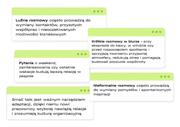Small talk buduje relacje, ułatwia adaptację i inspiruje. Luźne rozmowy przy kawie czy weekendowe pytania tworzą przyjazną atmosferę i nowe możliwości.