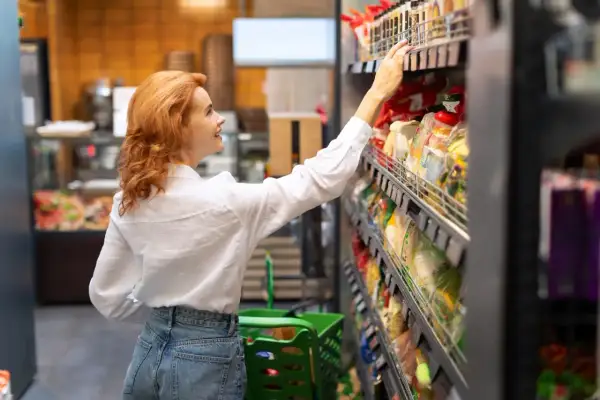 Kobieta z rudymi włosami wybiera produkty FMCG (towary szybko zbywalne) w supermarkecie.