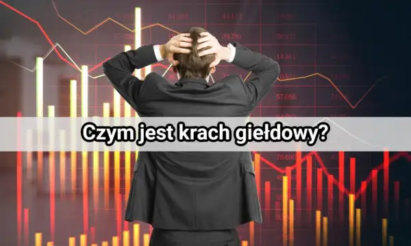 Zrozpaczony inwestor na tle wykresów giełdowych symbolizujących krach giełdowy.